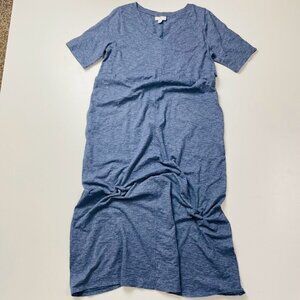 J. Jill Dress Blue Cotton Maxi Short Sleeve Pockets Summer Spring V Neck Small